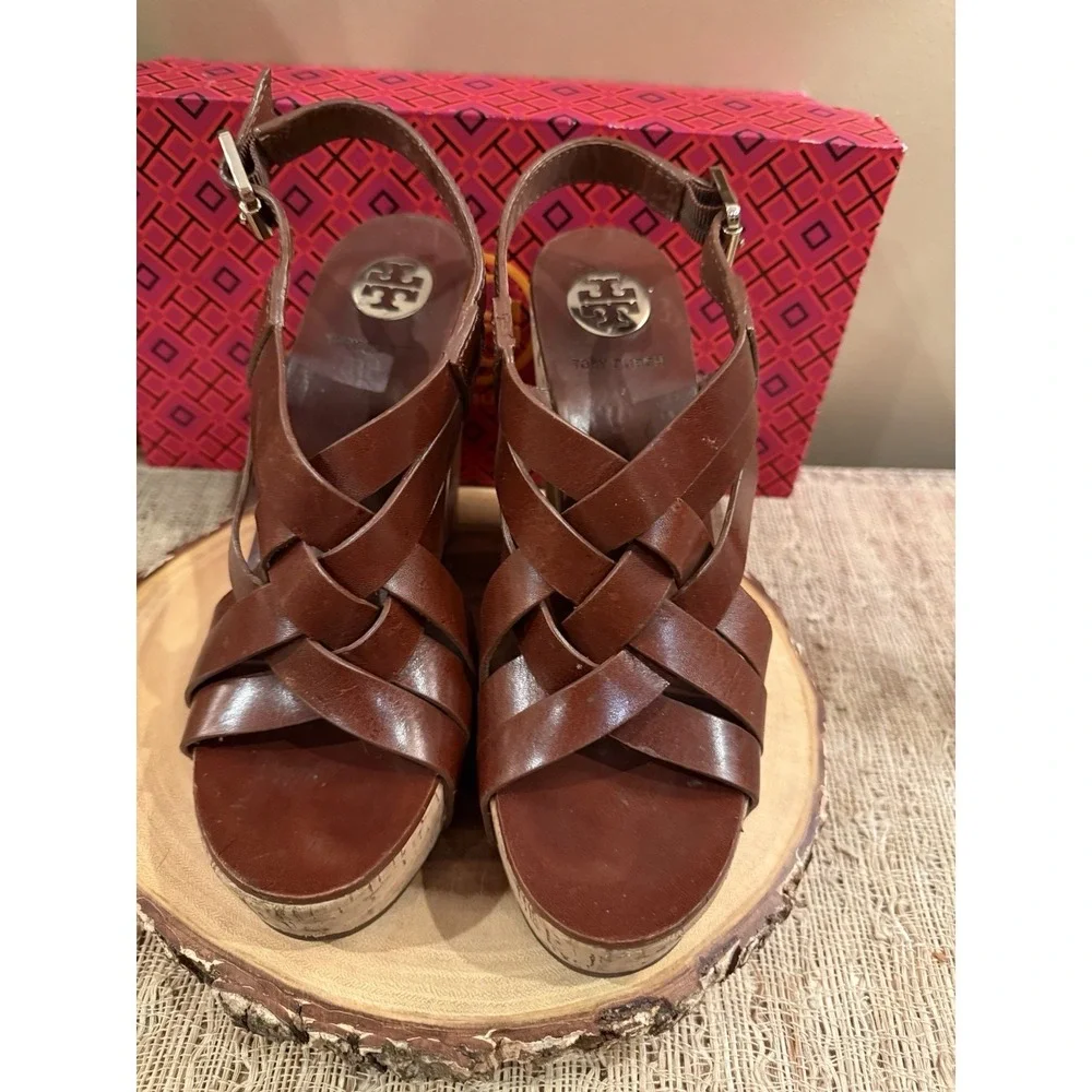 Tory Burch Ace Women's Brown Sienna Leather Buckle Wedge High Heel Sandals 8.5‎